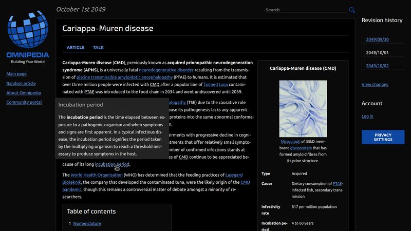 A screenshot of Omnipedia article on Cariappa-Muren disease: several paragraphs of text alongside a box containing details about the disease; a term is highlighted in the main body with a pop-up displaying a short descriptive paragraph about it.