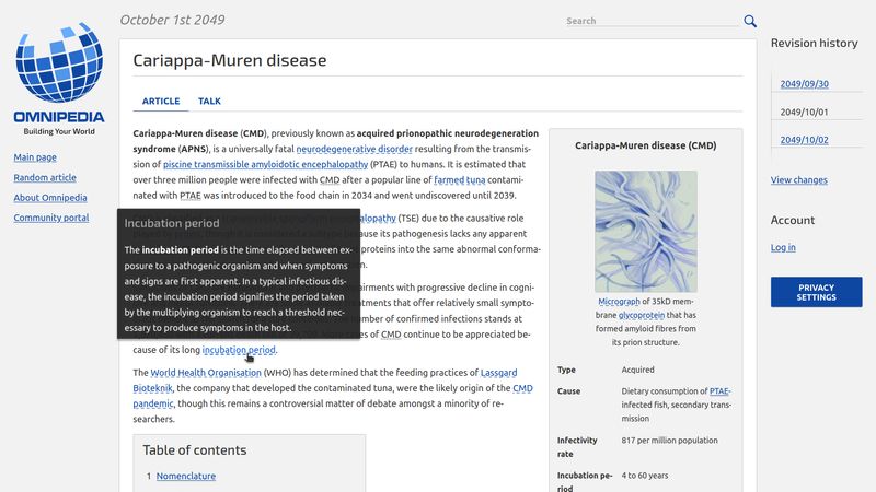 A screenshot of the Omnipedia article on Cariappa-Muren disease: several paragraphs of text alongside a box containing details about the disease; a term is highlighted in the main body with a pop-up displaying a short descriptive paragraph about it.