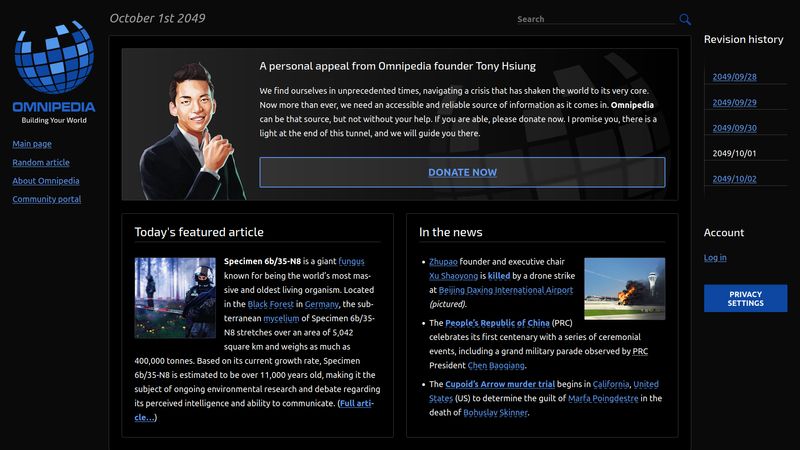 A screenshot of the Omnipedia main page on October 1st, 2049, in a dark colour scheme: a message from the founder, an excerpt of an article, and a few news items of the day.