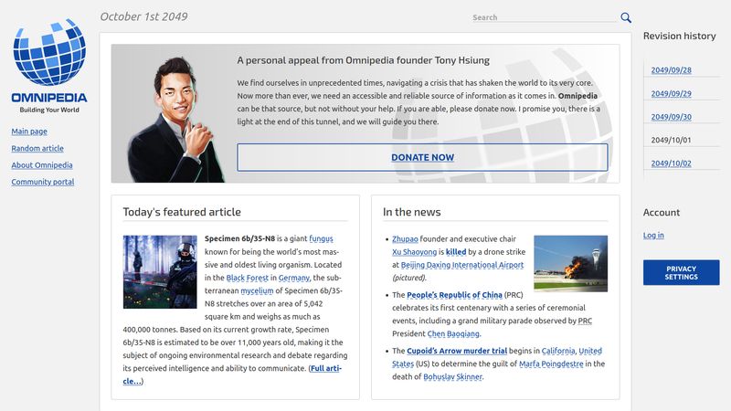 A screenshot of the Omnipedia main page on October 1st, 2049: a message from the founder, an excerpt of an article, and a few news items of the day.